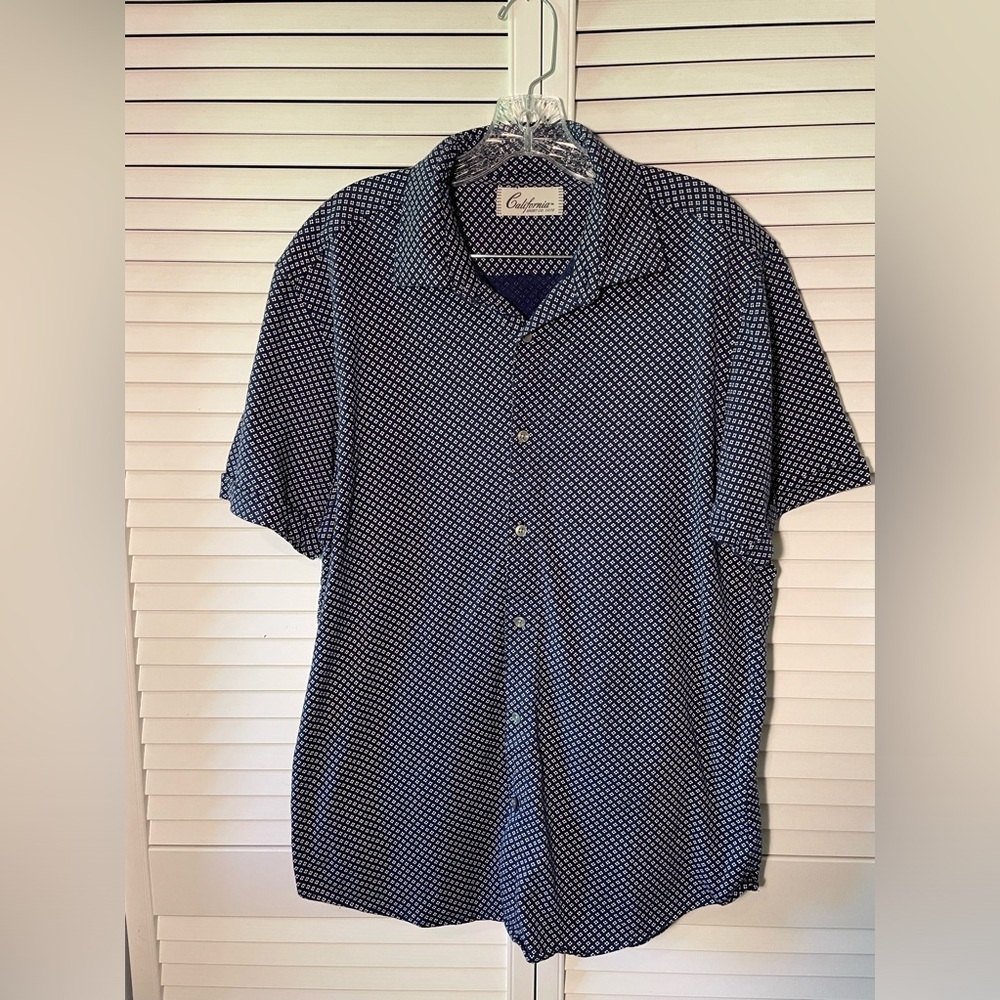 California Shirt Co Short Sleeve Button Down Shirt Blouse Blue White Size Large
